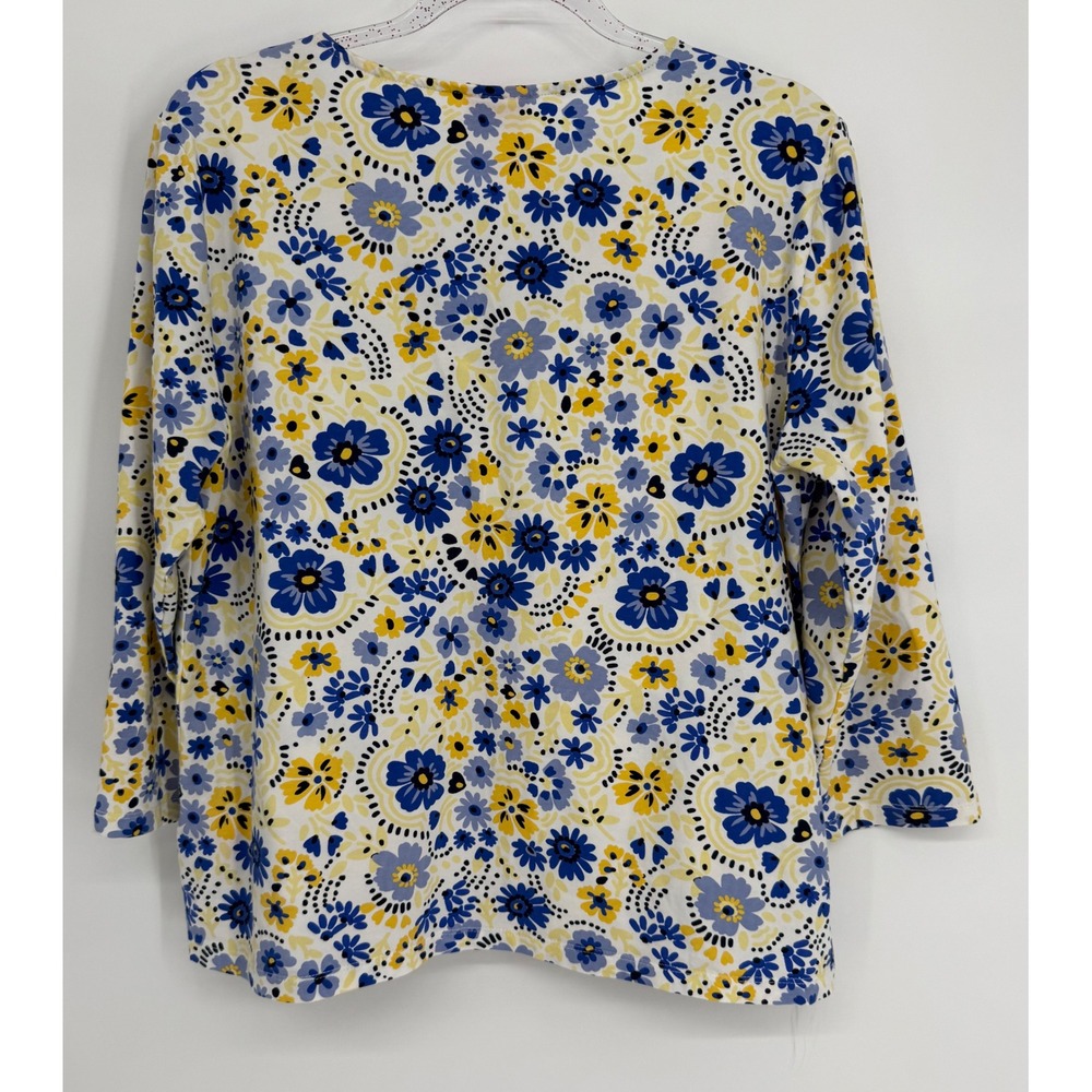 Hearts of Palm Womens Blue Yellow Floral V-Neck 3/4 Sleeve Knit Top Ring Sz L - Picture 4 of 8